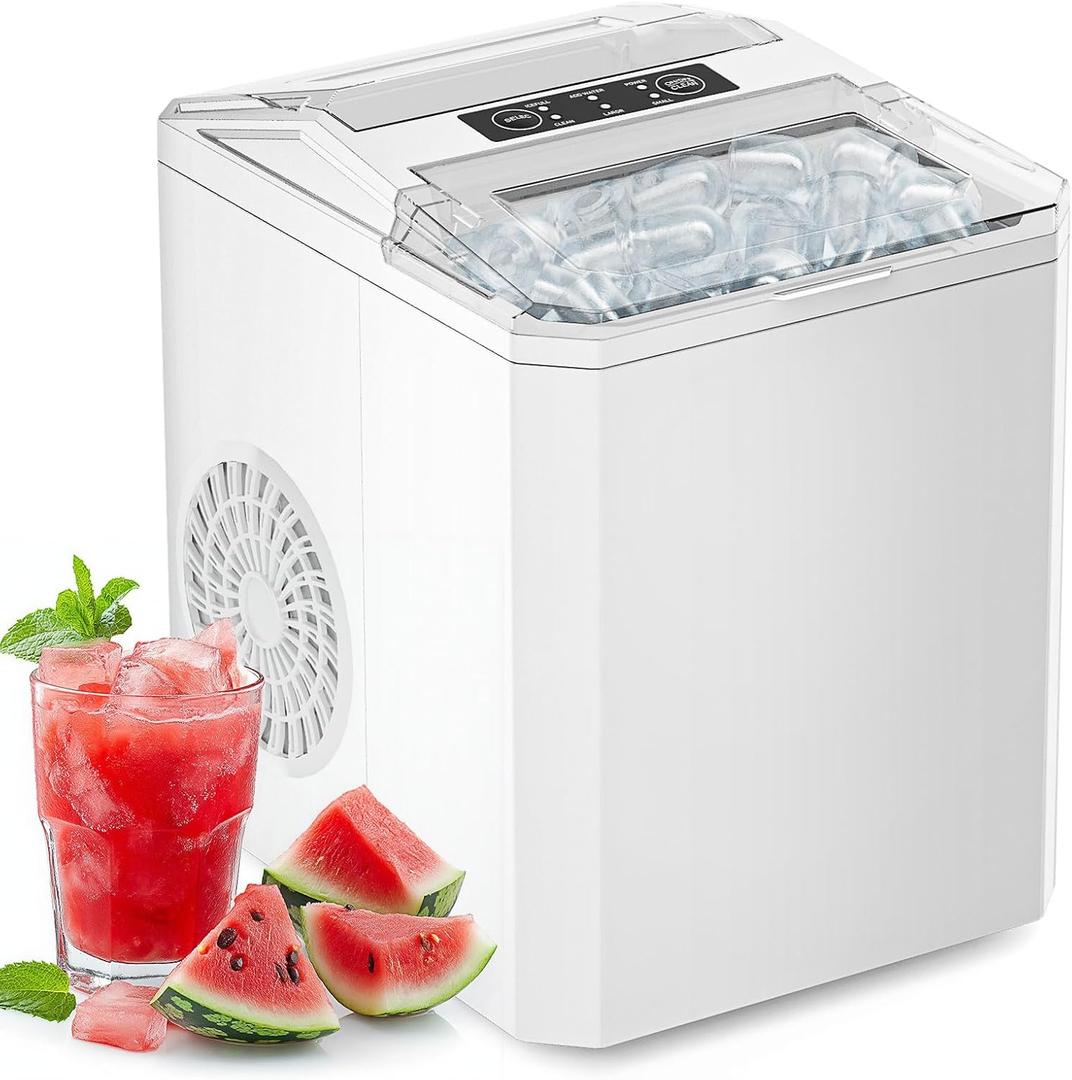 Sweetcrispy Countertop Ice Maker, Portable Ice Machine Self-Cleaning, 9 Cubes in 6 Mins, 26 lbs/24Hrs, 2 Sizes of Bullet Ice for Home Party Office, White