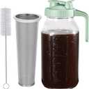 Glyntrof Cold Brew Coffee Maker Pitcher, Green 64 Oz Heavy Duty Wide Mouth Glass Mason Jar pour spout Lid with Stainless Steel Filter for Iced Coffee, Ice Drinks
