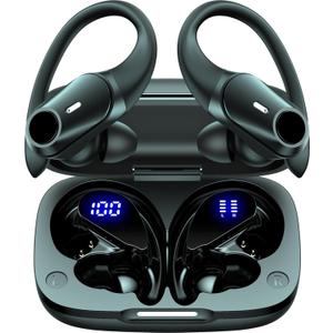 GOLREX Active Noise Cancelling Ear Buds Wireless Earbuds Bluetooth Headphones with 80H Playtime LED Display Charging Case, Over Ear Earphones with Hooks for Sports Running Gym Workout Black