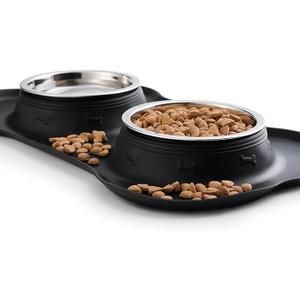 Hubulk Pet Dog Bowls 2 Stainless Steel Dog Bowl with No Spill Non-Skid Silicone Mat + Pet Food Scoop Water and Food Feeder Bowls for Feeding Small Medium Large Dogs Cats Puppies (S, Black)