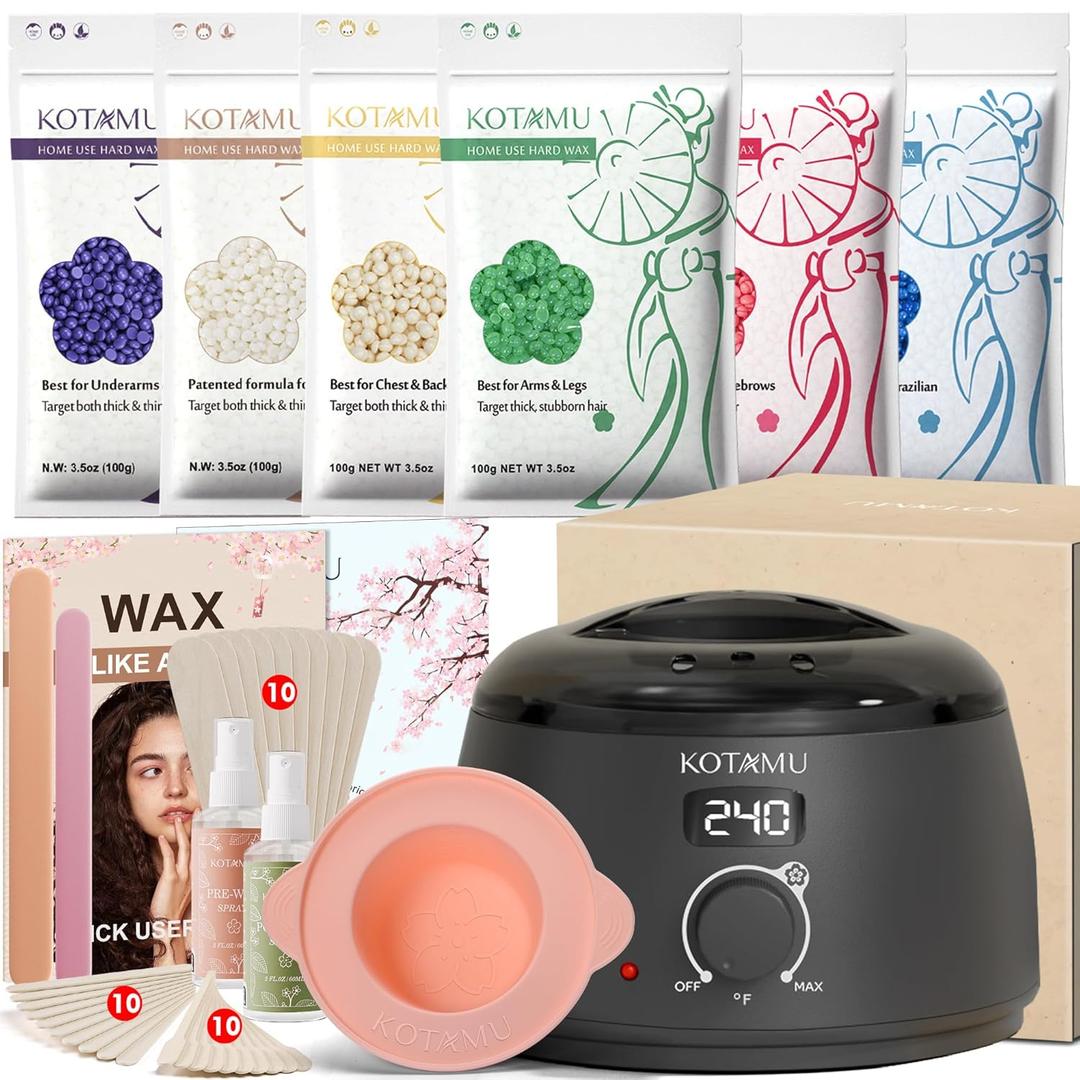 KOTAMU Waxing Kit-Professional Wax Warmer for Women& Men Hair Removal,Black Waxing Machine With Silicone Pot, Sensitive Skin Friendly Body Wax Kit Ideal for Face Bikin Brazilian Leg Home Salon (3.5 Ounce (Pack of 6))