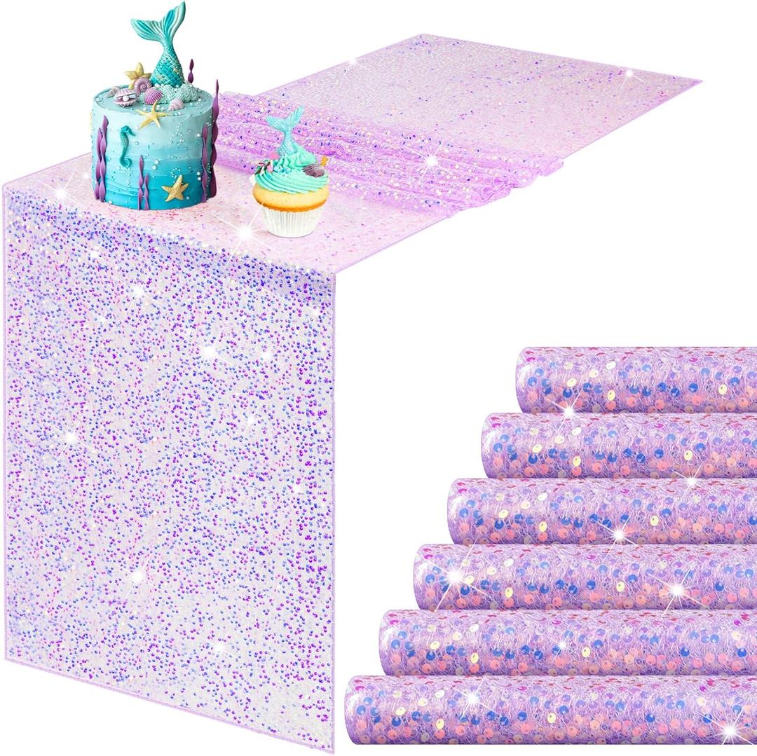 Remagr 6 Pcs Iridescent Purple Sequin Table Runner 12 x 72 Inch Mermaid Table Runner Glitter Sequin Sparkly Desk Cover for Wedding Birthday Party Ceremony Supplies Decor