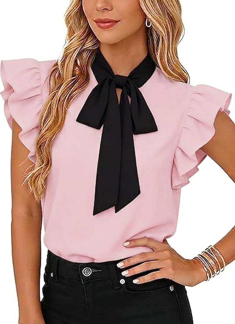 SOFIA'S CHOICE Women Tie Neck Bow Blouse Ruffle Cap Sleeve Work Office Tops Casual Elegant Shirt Pink Small (Pink, S)