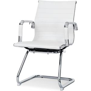 Magshion Conference Chair Heavy Duty Reception Chair No Wheels Mid-Back Sled Base Office Guest Chairs in PU Leather for Waiting Room, White (1 Pack)