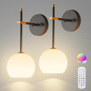 Black and Gold Battery Operated Wall Sconces Set of 2, Wireless Rechargeable Wall Light Fixtures for Home Decor, 12 RGB and 3CCT Dimmable Wall Lamps with Remote for Bedroom Living Room Hallway