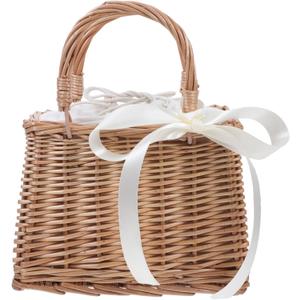 Cabilock Flower Girl Basket - Rattan Wicker Flower Girl Basket, Small Woven Basket with Handle, Picnic Basket, Women Straw Tote with Handle for Weddings, Garden Storage Home Decor (23.50X15.50X13.00CM, White)