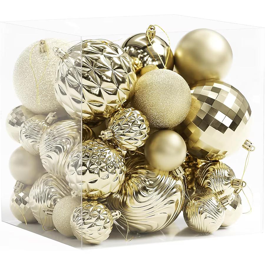 Gold Shatterproof Christmas Ball Ornaments, 32 Pcs, Plastic, Hanging, Christmas, Wedding