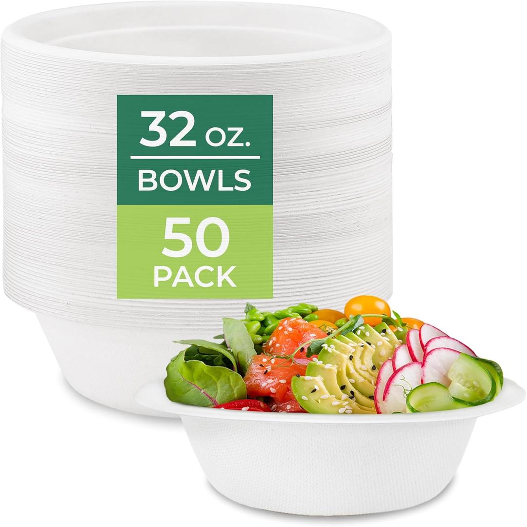 Freshware Paper Bowls - Disposable 32 oz Soup Bowl, 50-Pack Biodegradable Sugarcane Fiber Serving Bowls - Heavy Duty Bagasse for Hot Food Plates - Microwave & Freezer Safe, Stackable Dinnerware (White)