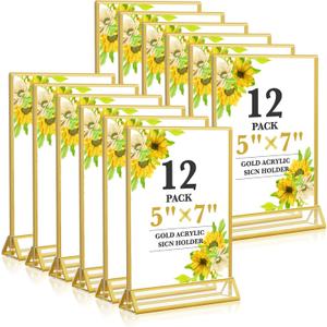 Acrylic Gold Sign Holders 5x7, 12 Pack Wedding Gold Table Number Holders, Double Sided Photo Display Picture Frame Paper Stand, Clear Flyer Stand Menu Holder for Wedding, Home, Party, Restaurant