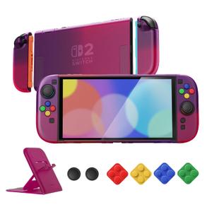 PlayVital Protective Case for Nintendo Switch 2 with Stand | Ultra-Slim Dockable Hard Shell, Split Joycon Cover, Button Caps & Thumb Grips | Clear Series, Clear Atomic Purple Rose