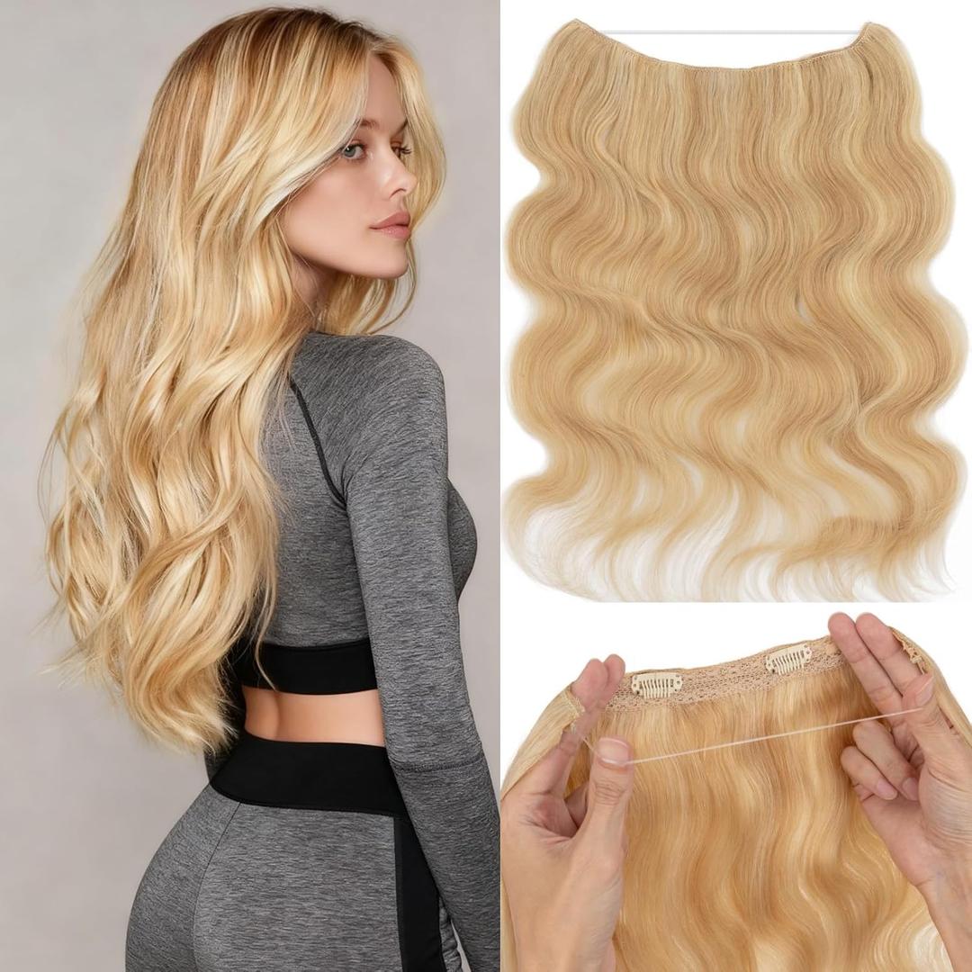 Rich Choices Halo Hair Extensions Real Human Hair Wavy Invisible Wire Remy Hairs Halo Extension for Women One Piece Clip in Hairpiece 16 Inch #18P613 Ash Blonde Highlight Bleach Blonde