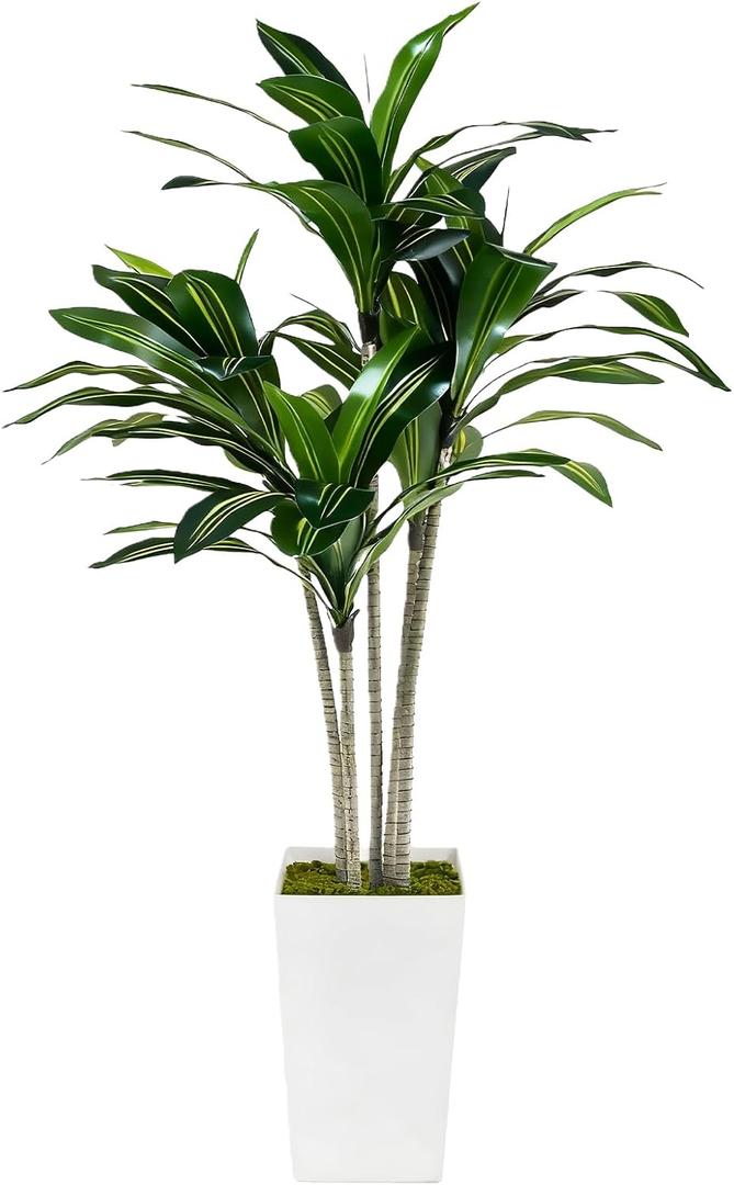 Artificial Dracaena Tree 5FT with White Tall Planter - Faux Tree Tall Fake Floor Plant in Pot-Artificial Plants Indoor for Home Office Living Room Dcor (Dracaena 5ft)