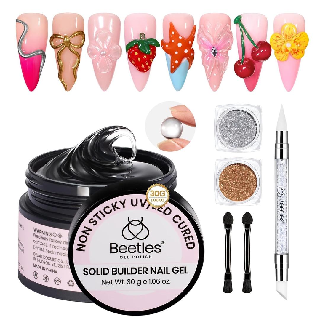 Beetles Solid Builder Nail Gel, 1.06 OZ Clear Hard Gel Non-Sticky Sculpting Gel, 3D Gel Nail Art Building Gel with Chrome Nail Powder, Nail Art Sculpture Pen Gift for Women