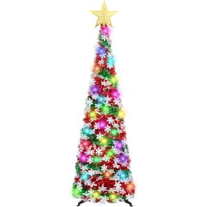 5 FT Pop Up Christmas Tinsel Tree with 50 LED Lights & Remote, Star Topper, Easy Assembly with Stand, Collapsible Prelit Christmas Pencil Tree for Xmas Home Party Decor (Red, Green)
