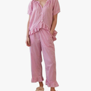 Flygo Womens Plaid 2 Piece Pajamas Sets Gingham Button Down Puff Sleeve Babydoll Shirt Ruffle Pants Y2K Pjs Lounge Set Size S Pink
