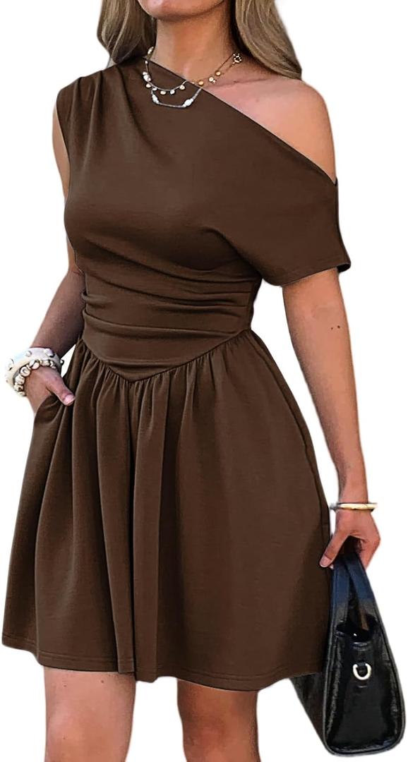 Mieazom Women's Summer Pleated One Shoulder A Line Flare Mini Dress Ruched Drop Waist Semi-Formal Short Dress with Pockets Sleeveless Vintage Date Evening Dinner Dress Brown XL