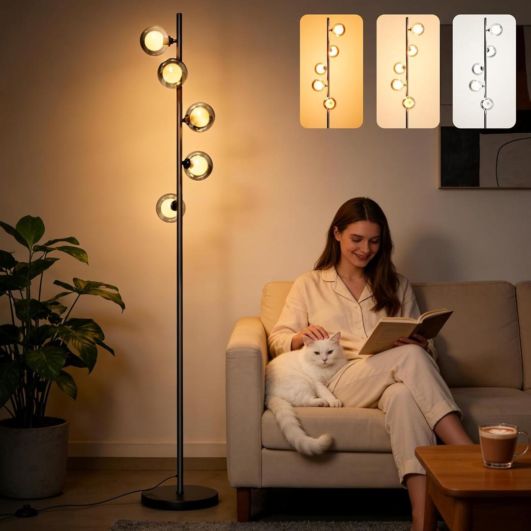 Mid Century Modern Floor Lamp, 5-Light Glass Globe Tall Standing Tree Lamp, Smoked Double-Glass Shades, 3 Color Temp G9 Bulbs Included, 1800LM Bright Corner Light for Living Room, Bedroom
