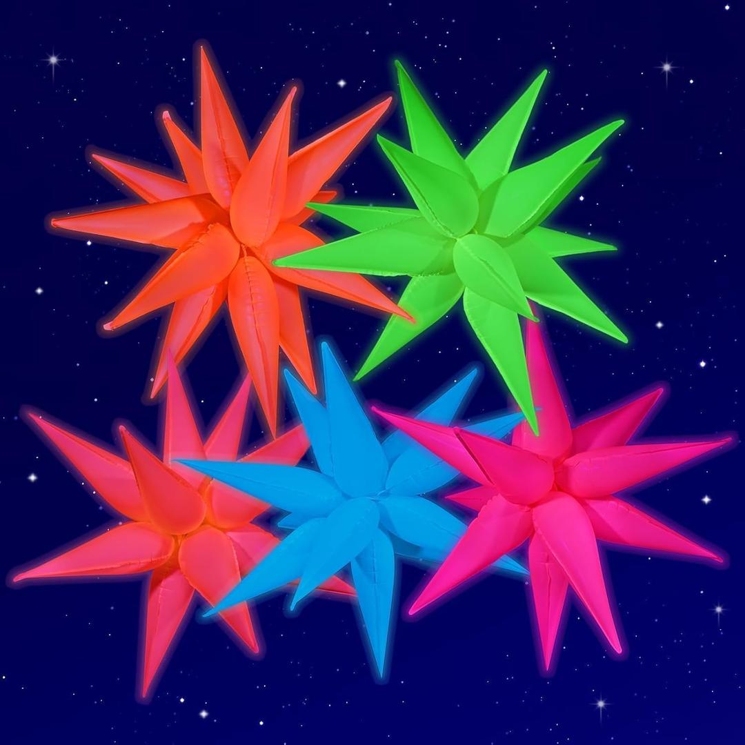 Mega-L Glow in The Dark Party Supplies, 5 Pcs Neon Explosion Star Balloons Kit, Neon Party Decorations, DIY Neon Balloon with 12 point Cone Balloons for Birthday Wedding Graduation