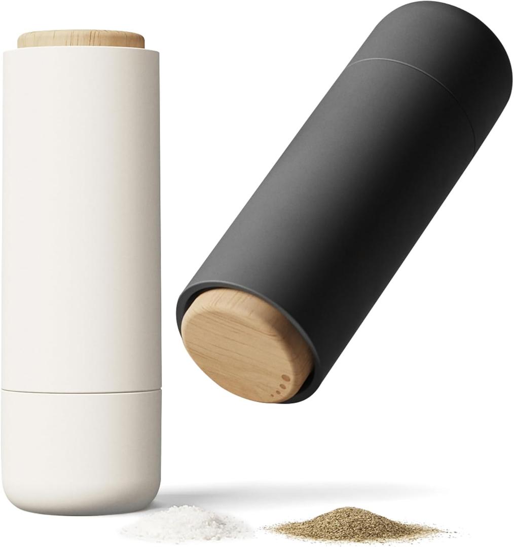 Non-Spill Salt and Pepper Grinder Set - Adjustable Ceramic Grinder - Minimalistic Spice Mill - Easy to Refill Condiments Dispenser - Wood & Soft-Coated Plastic - 6.2 x 2.2 inch (White & Grey)