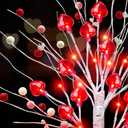 Prelit & Timer - Valentines Day Decorations, 1 Pack 18 Inch Valentines Day Tree Tabletop Lighted Birch Tree 24 LED Red Lights Heart Berries Battery Operated Valentine Decor Home Table Kitchen Party