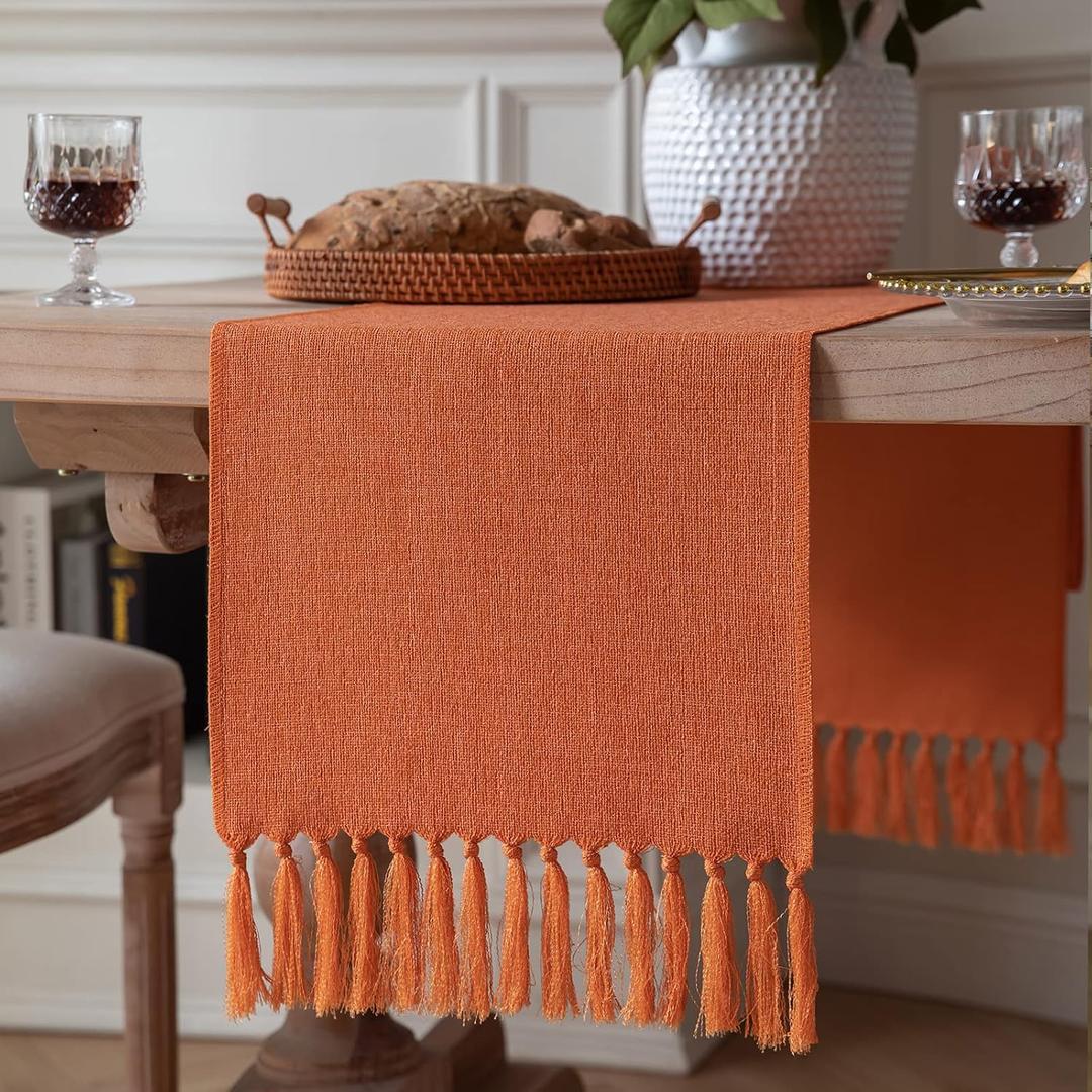 ZeeMart Burnt Orange Table Runners 60 Inches Long, Burlap Linen Style Rustic Farmhouse Fall Table Runner, Boho Woven Dining Table Runner, 13x60 Inches, Harvest Pumpkin