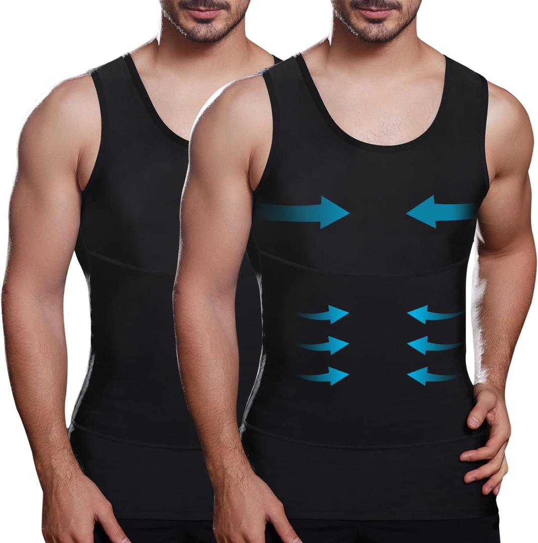 Mens Slimming Compression Shirt, Body Shaper Workout Tank Top, Gynecomastia Tummy Control Undershirts - Change in Seconds, Medium