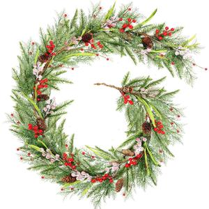 6 Ft Christmas Artificial Pine Vine Garland Green Norfolk Swags Garland Snowy Red Berries Pinecones Pine Needles Garlands for Christmas Holiday Xmas Winter Mantle Party Table Centerpiece Decorations