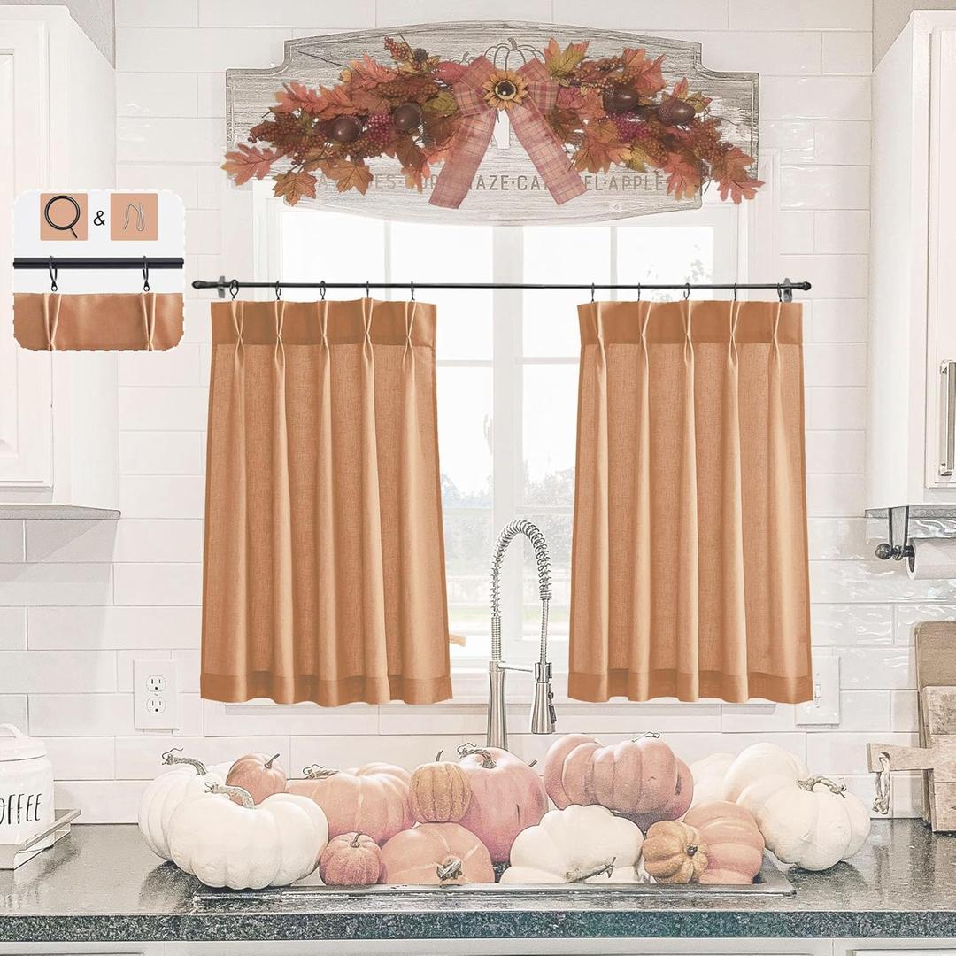 LIMON HOME Fall Kitchen Curtains 24 Inch Length 2 Panels Set, Terracotta Linen Tier Curtains Farmhouse Cafe, Light Filtering Small Window Drapes for Bathroom Laundry Room Rustic