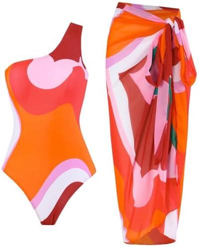 Women One-Piece Swimsuit with Cover up Sarong Wrap Skirt 2PCS Floral Bathing Suits Summer Holiday Beachwear, Extra Large, Red Orange 