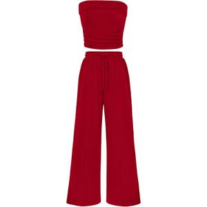 PRETTYGARDEN Womens Summer Outfits 2 Piece Sets Casual Ribbed Knit Crop Tube Top Wide Leg Pants Spring Matching Lounge Set (Small, Red)