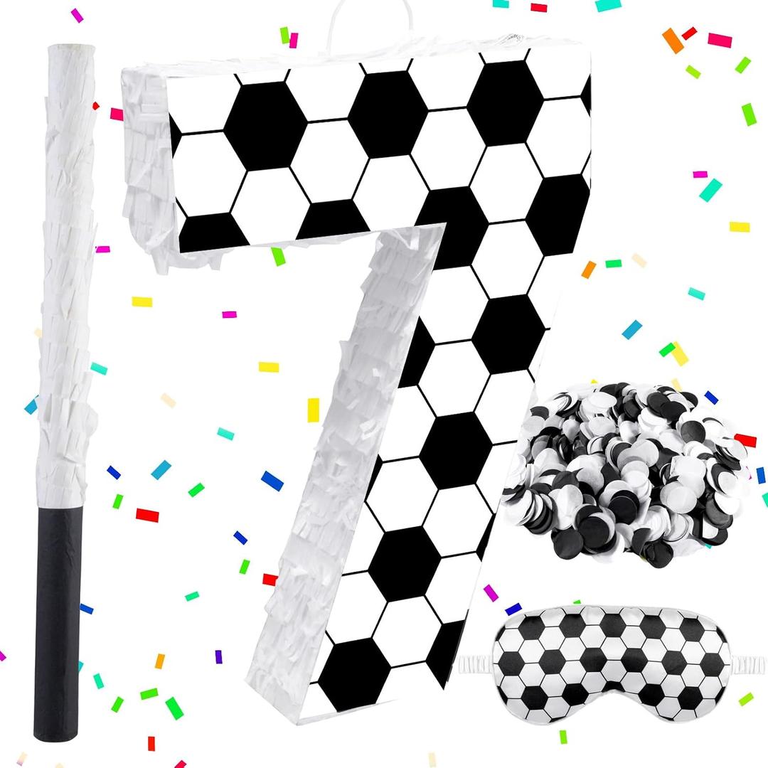 16Inch Soccer Ball Number 7 Piata Includes Wooden Stick, Blindfold, and Confetti for for Kids 7th Anniversary Sport Themed Party Birthday Supplies