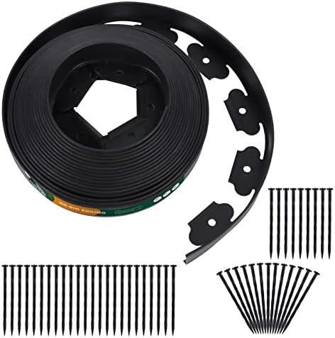 2 Inch Tall No Dig Durable Garden Landscape Edging Kit, Black Plastic Lawn Border with 24pcs Anchoring Spikes for Landscaping, Flower Gardens, Lawn (20FT+ 24pcs Anchoring Spikes)