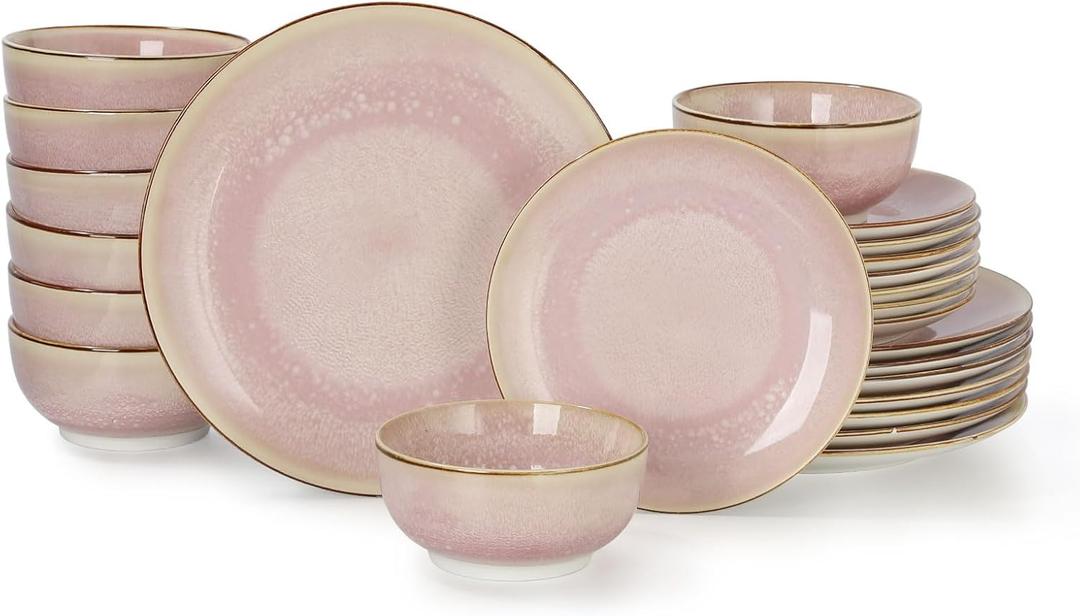 Sweejar 24 Piece Dinnerware Sets for 8, Porcelain Plates and Bowls Set for Kitchen, Housewaring Gift, Chip and Scratch Resistant, Easy Cleaning Dishes Set, Stack Compactly Dishware, Pink