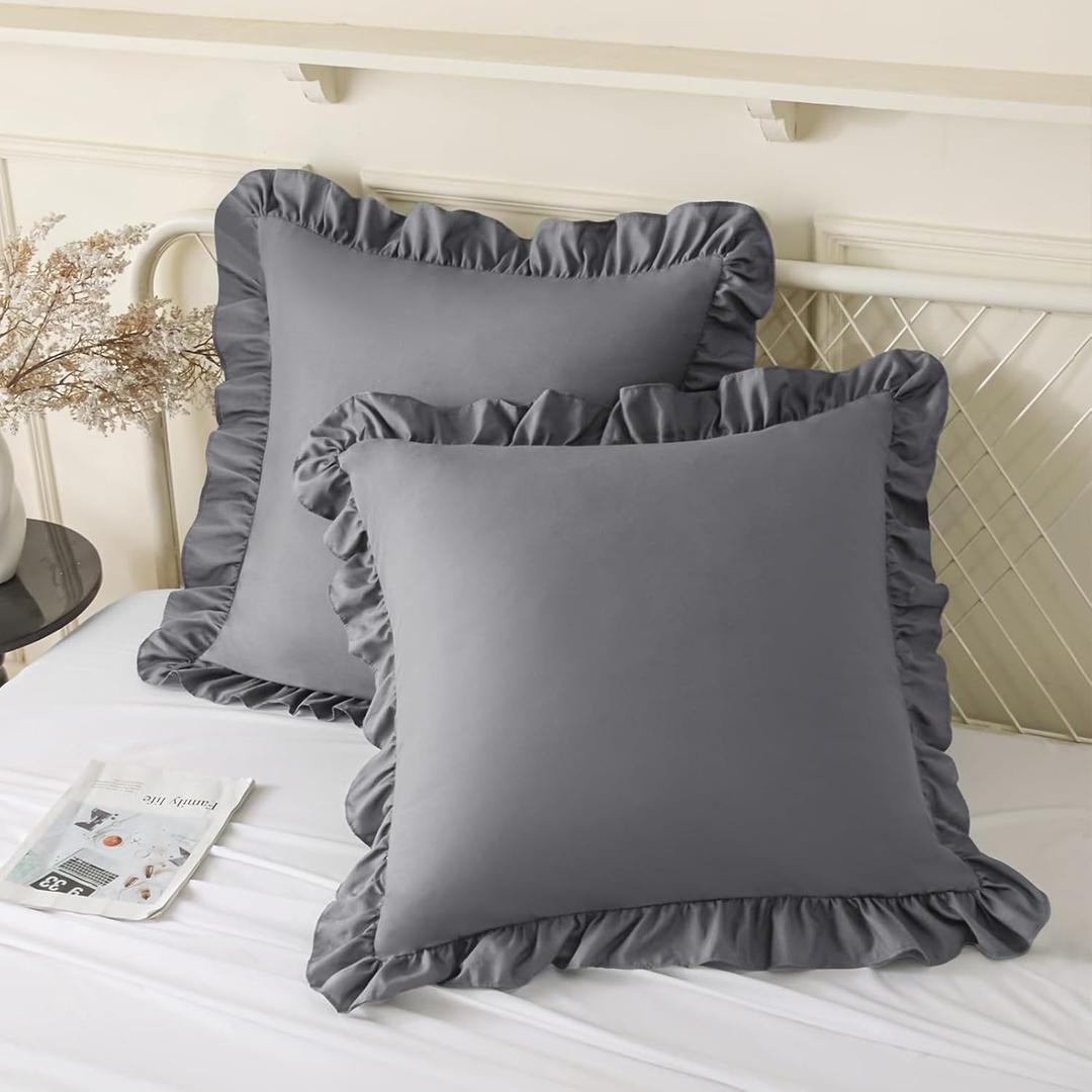 KKJIAF Ruffle Pillow Cases 26x26 Inches, Grey Square Ruffled Pillow Covers Set of 2, Microfiber Wrinkle Resistant Pillow Shams with Envelope Closure for Sofa Bed Living Room