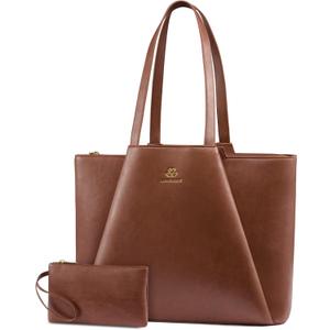 LOVEVOOK Laptop Tote for Women - 15.6 Inch Faux Leather Laptop Bag with Clutch, Large Capacity Office Purse Computer (Yellow & Brown)