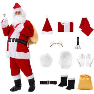11pcs Men's Deluxe Santa Suit Velvet Christmas Adult Santa Claus Costume (Red, XXX-Large) (Red, XXXL)
