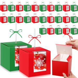 Motiskyy 48 Set Christmas Candy Apple Boxes with Hole Stick and Ribbons 4x4x4 Inch Caramel Apple Gift Cake Treat Boxes with Clear Window for Xmas Party(Christmas Color)