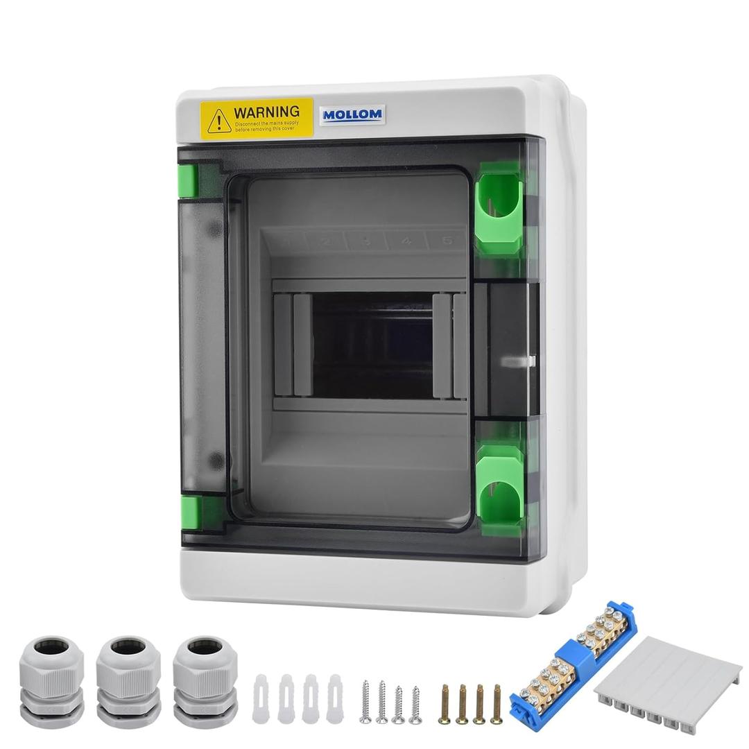 Mollom 5 Way HA Series Power Distribution Box with Bus Bars and Din Rail for Miniature Circuit Breaker MCB,Waterproof IP66,Solar Power Distribution Panel for Indoor and Outdoor Use