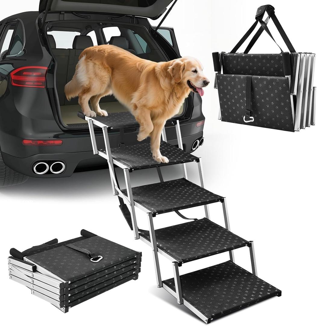Sakerplus Dog Ramps for Car, 17.7inch Wide Foldable Dog Stairs with Non Slip Surface, Portable Pet Steps for SUV, High Beds, Truck, Support Up to 200lb, 5 Steps