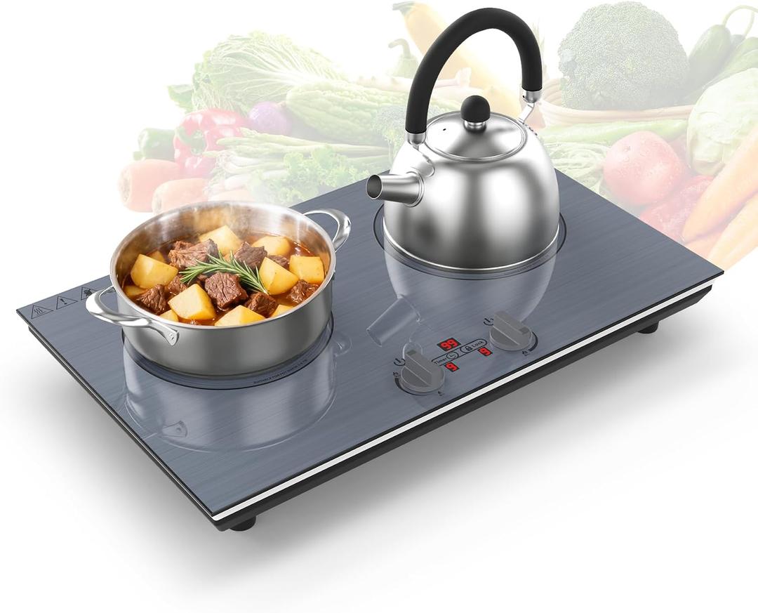 GIHETKUT 2 burner Induction cooktop,110V 4000W induction hot plate with Brushed Panel,Knob Control,9 Power Levels, Kids Lock & Timer,LED touch control 2 burner induction cooker