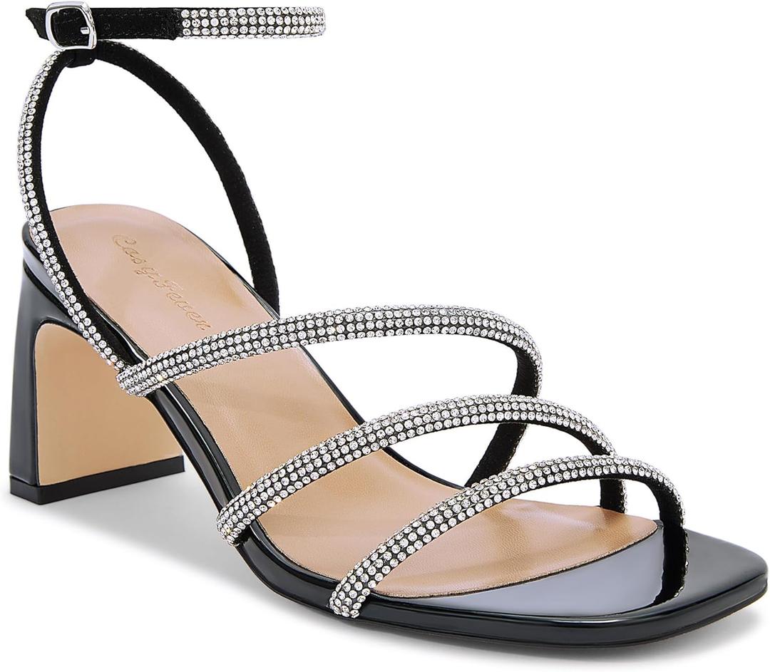 Womens Rhinestone Heels, Square Toe Ankle Strap Block Heel Dress Shoes for Wedding & Party (10 Wide, Black)