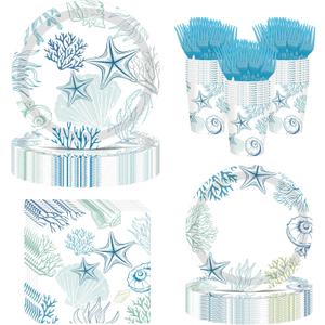 120Pcs Ocean Seashell Party Plates Supplies - Beach Style Tableware with Starfish & Coral Designs, Paper Plates, Napkins, Forks for Birthday, Baby Shower, Summer Coastal Party (Serves 24)