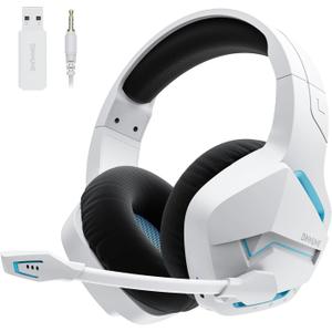 BINNUNE Wireless Gaming Headset for PS5 PC, 120H Ultra-Long Battery, 2.4GHz & Bluetooth 5.3 Wireless Headphones with Noise Canceling Mic, 50mm Drivers, Comfort Over Ear Gaming Headphones,White
