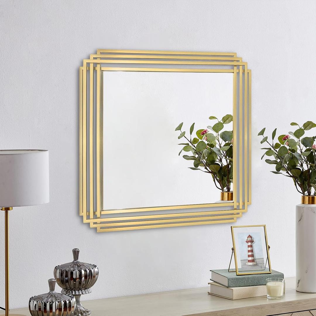 Gold Geometric Mirrors, 24"x24" Art Deco Elegant Mirror with Metal Frame, Modern Square Aesthetic Wall Mirrors for Living Room Bedroom Entryway, Horizontal or Vertical Hanging