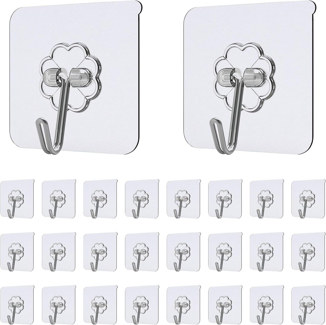 Self Adhesive Hooks 24 Pcs Transparent Waterproof Sticky Hooks Hanging Heavy Duty on Smooth Surfaces Like Wall, Tiles, Glass, Metal for Home, Bathroom, Kitchen, Office and Outdoor (24, Clear)