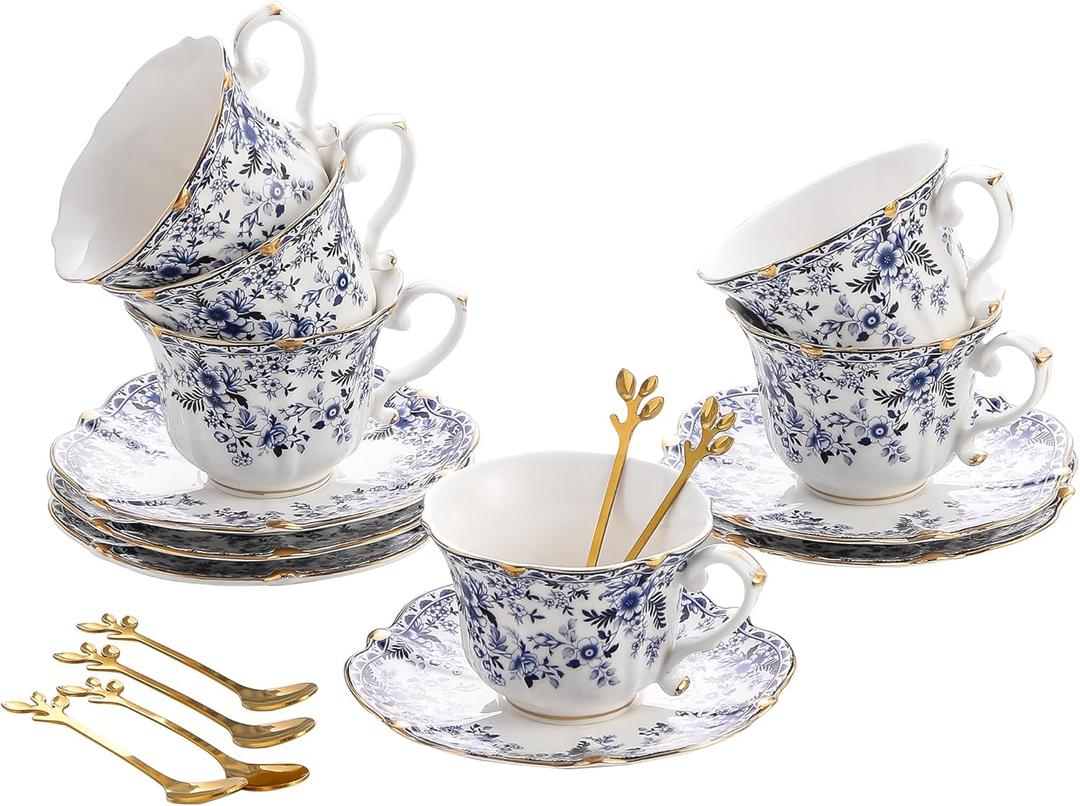 TATSUMI Country Roses 18 Peices Bone China Tea Cup And Saucer Set, English Vintage Tea Cups Of 6 For Women And Tea Party SetsQH,6 SETS (Blue)