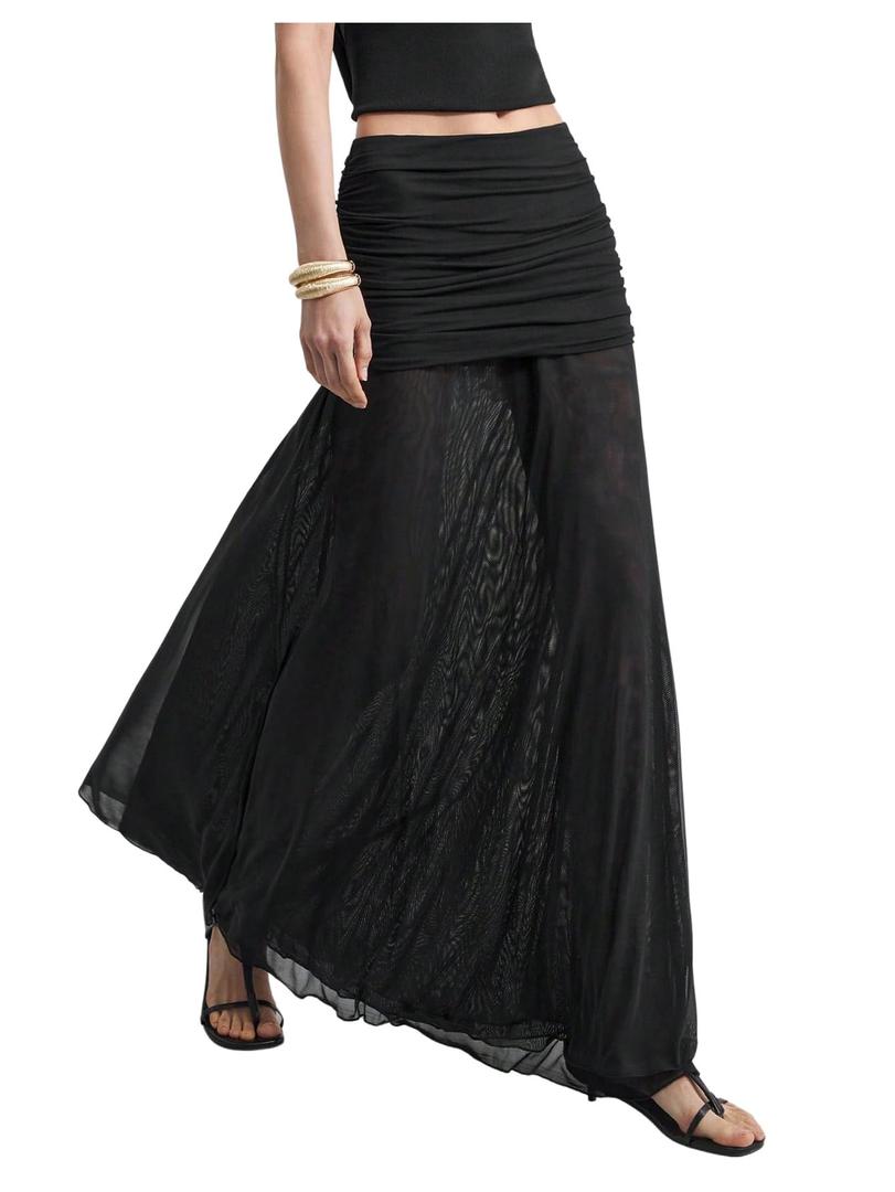 Verdusa Women's Maxi Skirts Ruched Mesh Sheer Long Skirt Ruffle Flowy Brunch Going Out Outfits, Large, Black