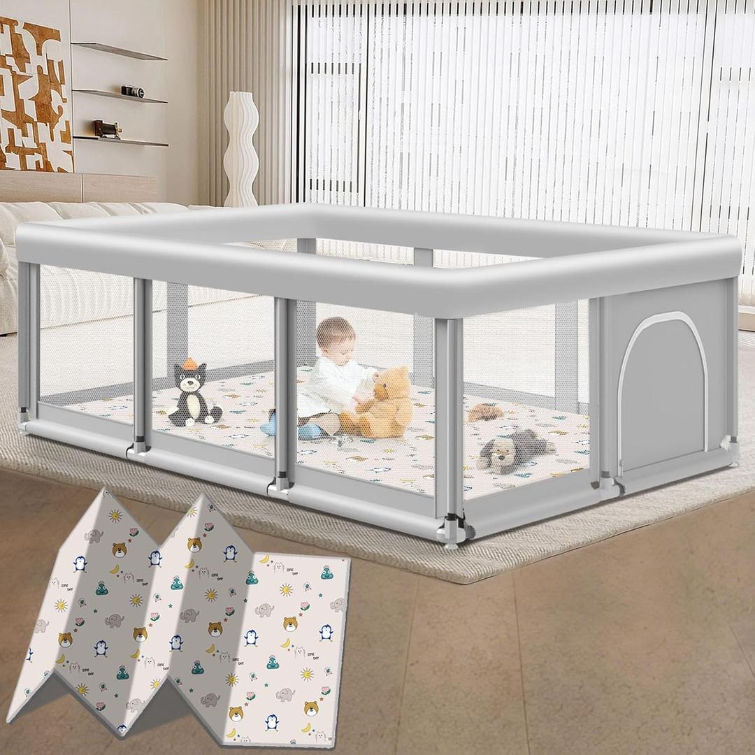 Large Baby Playpen with Mat, 74" 50", Large Play Yards Indoor & Outdoor, Sturdy Safety Baby Play Pen with Soft Breathable Mesh, Toddlers Play Pen with Anti-Slip Base, Mat Included (745027 Inch, Grey + Animals Mat)