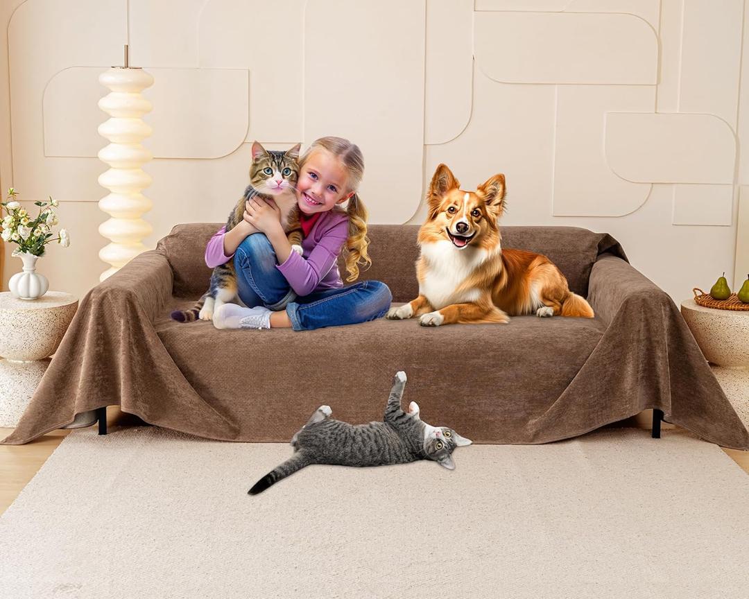 Cat Scratch Furniture Protector - Anti-Slip, Waterproof Sofa Cover to Keep Cats Off, Pet-Friendly Couch Protectors for 3 Cushion Couch, Brown Anti-Scratch Couch Cover for Pets and Kids 150"X71"