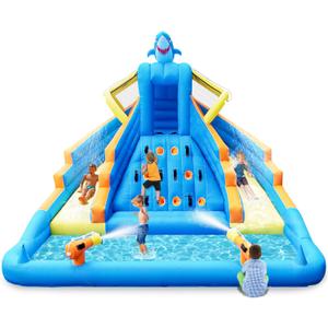Inflatable Water Slide, 13FT Shark-Themed Large Bounce House with Dual Slides, Climbing Wall, Deep Pool, Water Cannon, 680W Blower, Storage Bag, Backyard Blow Up Water Park for Kids Aged 310